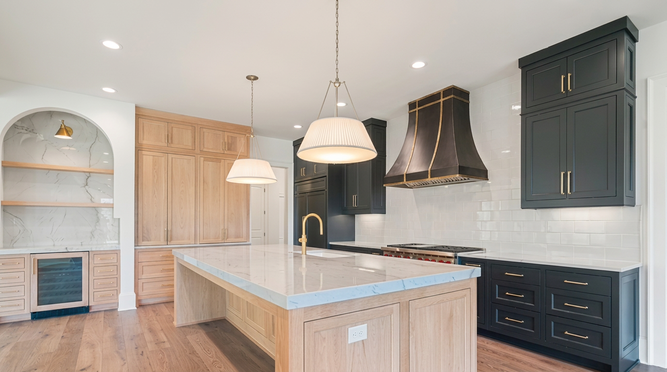 Kitchen with black cabinetry, oak island, and banded metal hood