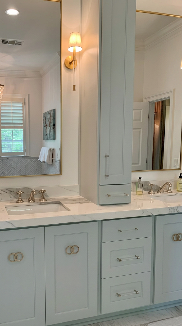 Bathroom with pale green vanities, gold mirrors, and brass sconces